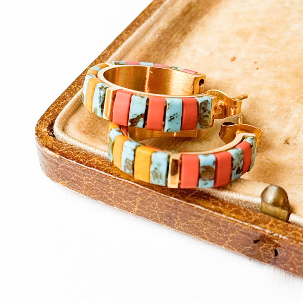 Small Gold-Plated Turquoise Tila Bead Hoop Earrings