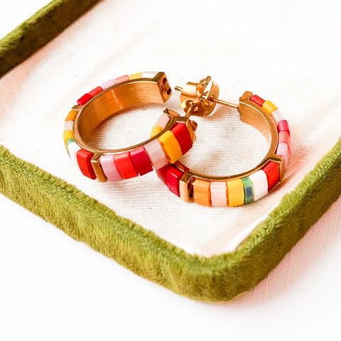 Small Handmade Gold Plated Colorful Tila Bead Hoop Earrings