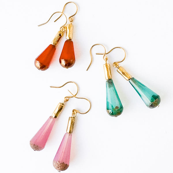 Long Czech Glass Teardrop Earrings with Antiqued Gold Accent