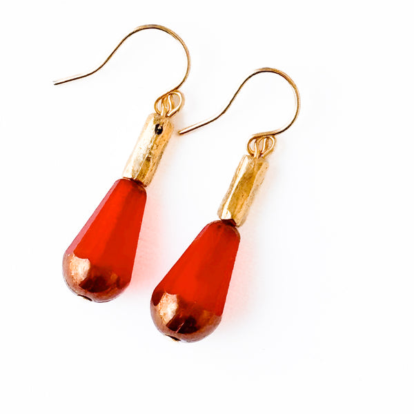 Long Czech Glass Teardrop Earrings with Antiqued Gold Accent