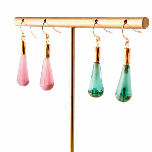 Long Czech Glass Teardrop Earrings with Antiqued Gold Accent