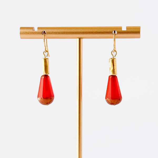 Long Czech Glass Teardrop Earrings with Antiqued Gold Accent