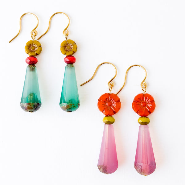 Glass Flower Bead Drop Earrings with Colorful Glass Accents