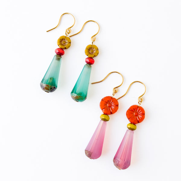 Glass Flower Bead Drop Earrings with Colorful Glass Accents
