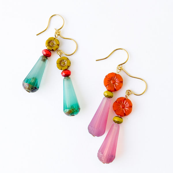 Glass Flower Bead Drop Earrings with Colorful Glass Accents