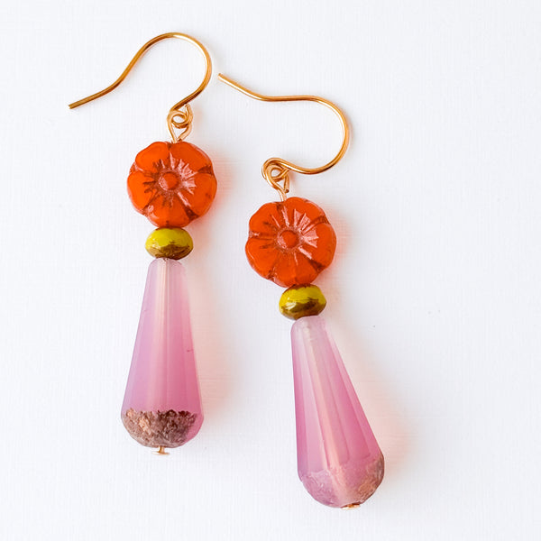 Glass Flower Bead Drop Earrings with Colorful Glass Accents