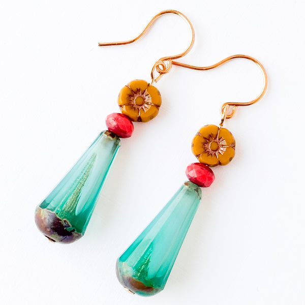 Glass Flower Bead Drop Earrings with Colorful Glass Accents