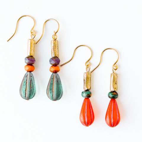 Striped Glass Drop Earrings with Gold Accents