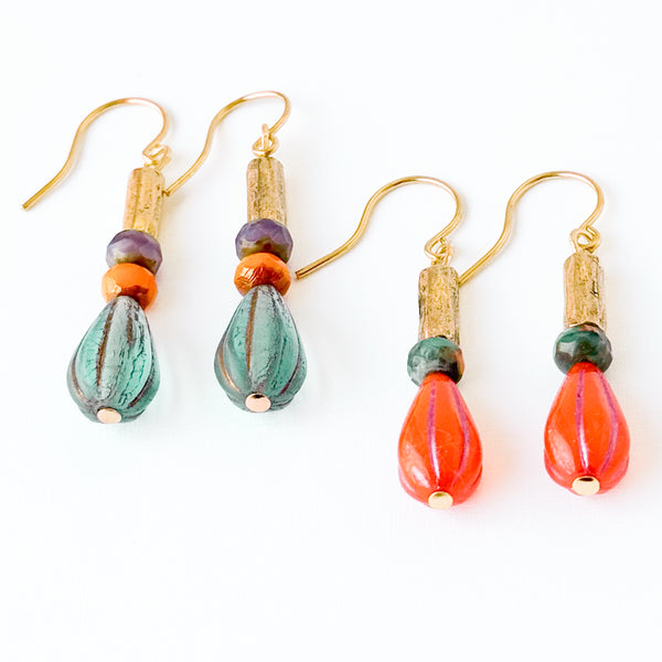 Striped Glass Drop Earrings with Gold Accents