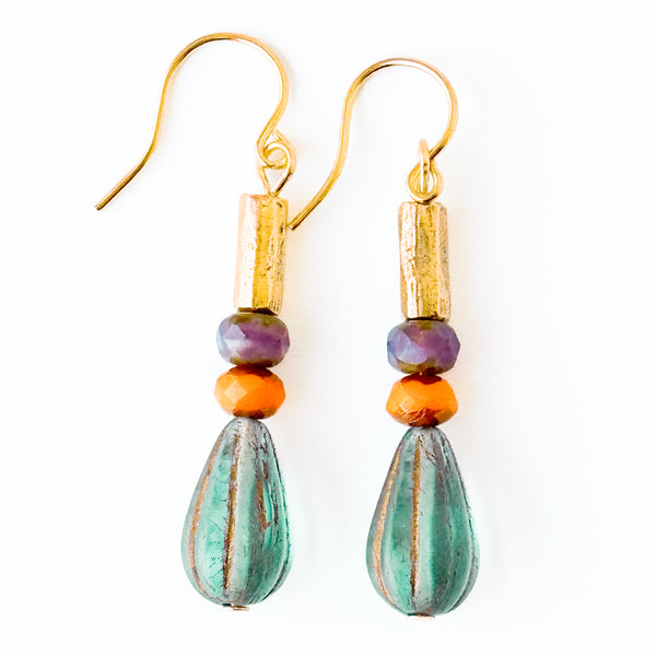 Striped Glass Drop Earrings with Gold Accents