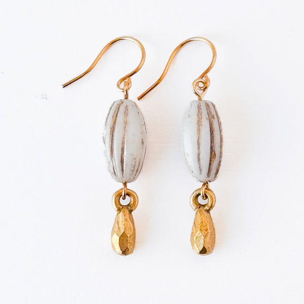 White Glass Melon Bead Drop Earrings with Gold Accents