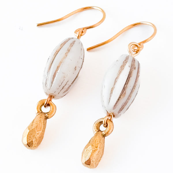 White Glass Melon Bead Drop Earrings with Gold Accents