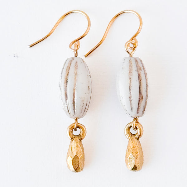 White Glass Melon Bead Drop Earrings with Gold Accents