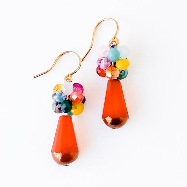 Coral Glass Drop Earrings with Colorful Crystal Beads