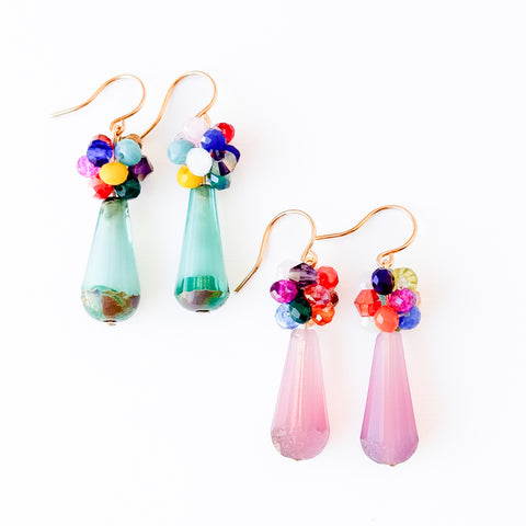 Glass Drop Earrings with Colorful Crystal Cluster Accents