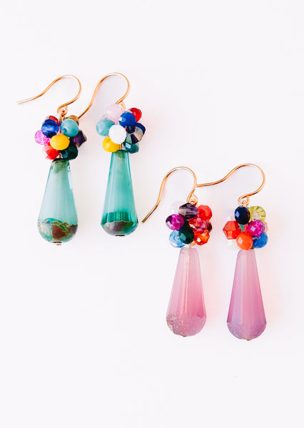 Glass Drop Earrings with Colorful Crystal Cluster Accents