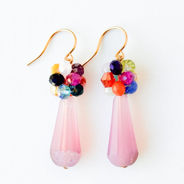 Glass Drop Earrings with Colorful Crystal Cluster Accents