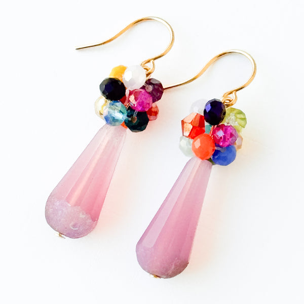 Glass Drop Earrings with Colorful Crystal Cluster Accents