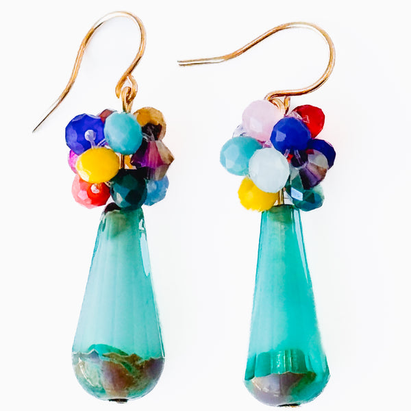 Glass Drop Earrings with Colorful Crystal Cluster Accents