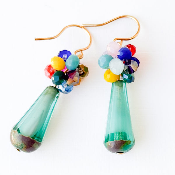 Glass Drop Earrings with Colorful Crystal Cluster Accents