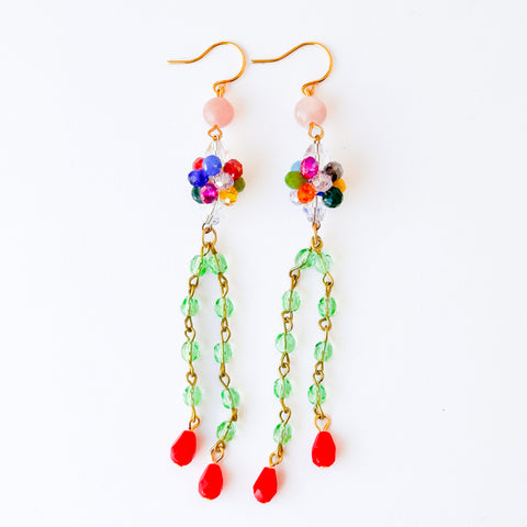 Long Colorful Crystal Cluster Earrings Green Chain and Red Drops