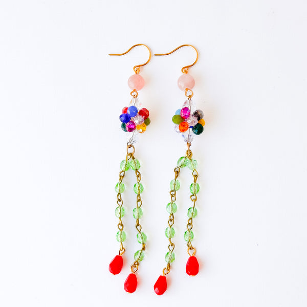 Long Colorful Crystal Cluster Earrings Green Chain and Red Drops