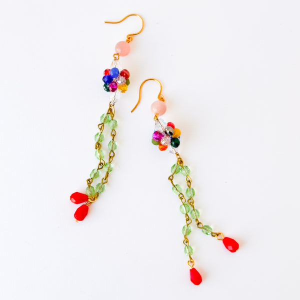 Long Colorful Crystal Cluster Earrings Green Chain and Red Drops