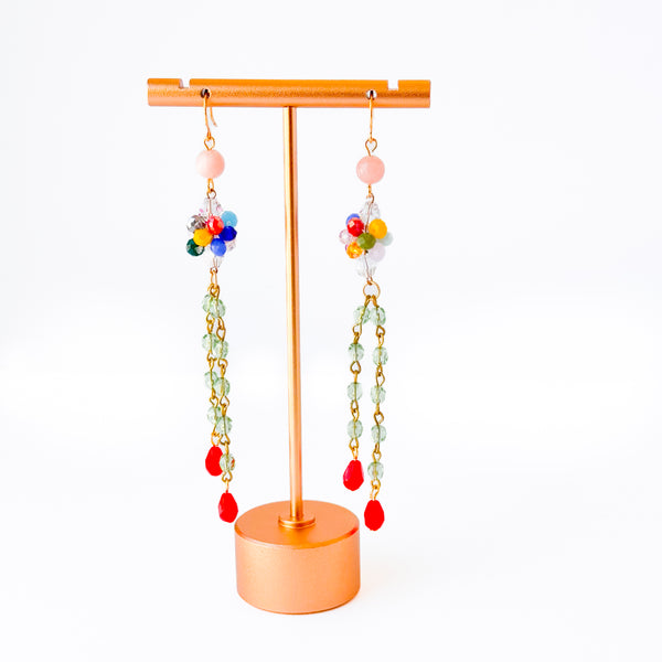 Long Colorful Crystal Cluster Earrings Green Chain and Red Drops