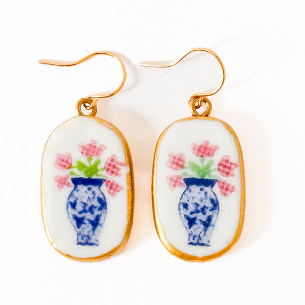 Ceramic Floral Vase Earrings – Blue & White Gold Plated