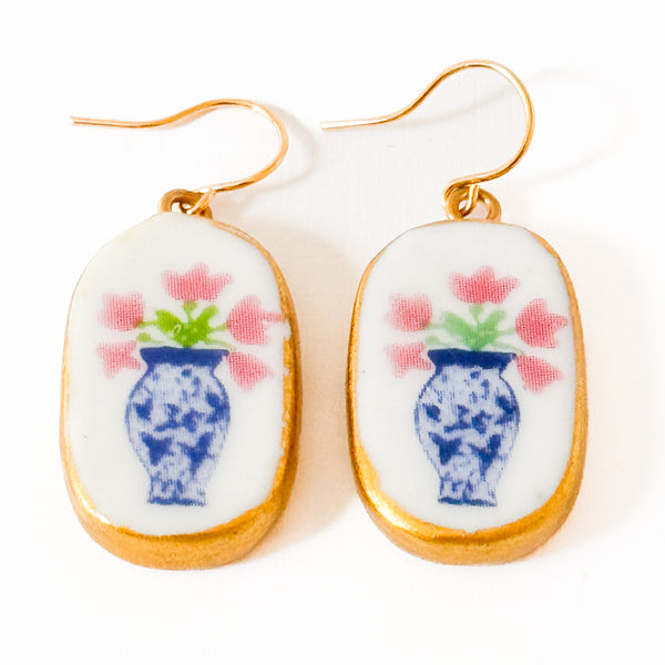 Ceramic Floral Vase Earrings – Blue & White Gold Plated