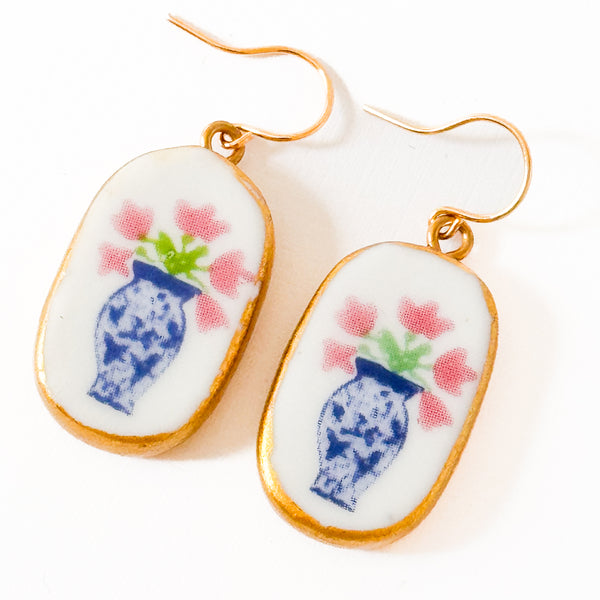 Ceramic Floral Vase Earrings – Blue & White Gold Plated