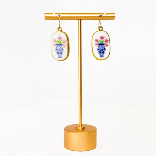 Ceramic Floral Vase Earrings – Blue & White Gold Plated