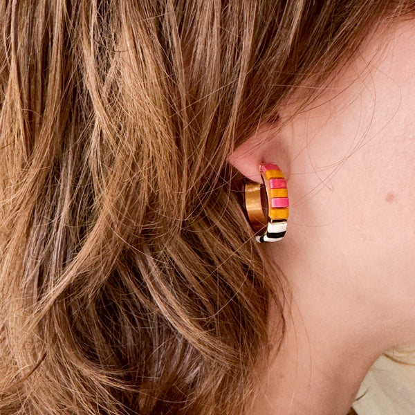 Small B&W Tila Bead Hoop Earrings Gold-Plated, Handmade