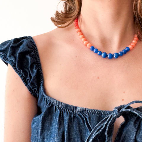 Color Block Beaded Necklace – Blue & Coral Glass