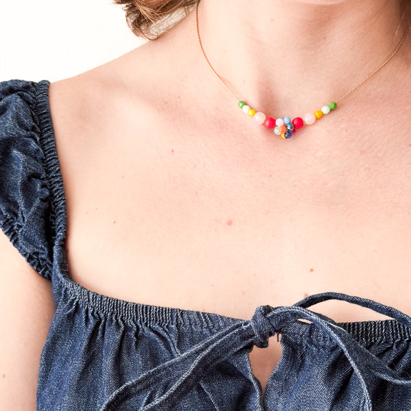 Colorful Crystal Beaded Necklace Gold Chain Spring Jewelry- Brown