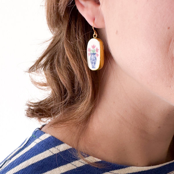 Ceramic Floral Vase Earrings – Blue & White Gold Plated