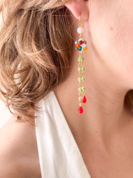Long Colorful Crystal Cluster Earrings Green Chain and Red Drops