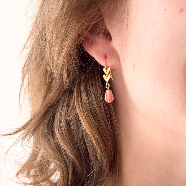 Tiny Gold Minimal Chevron Earrings With Pink Glass Drop