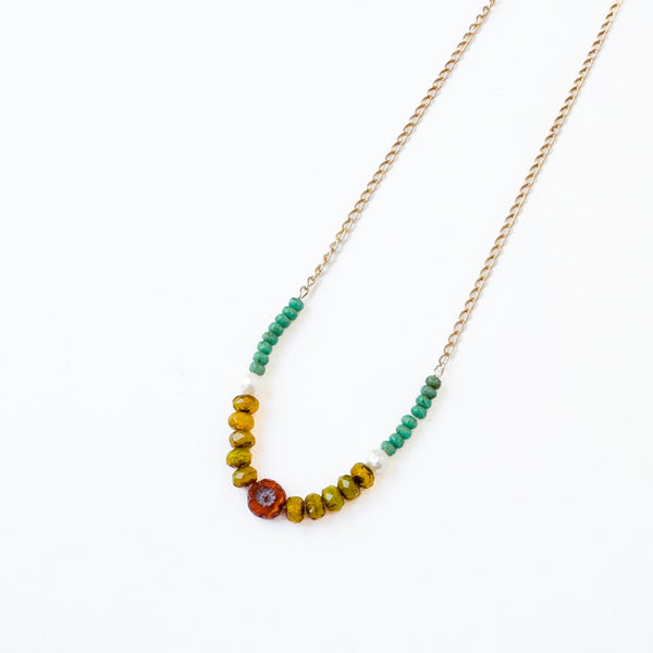 Dainty Flower Necklace with Pearls, Chartreuse & Turquoise