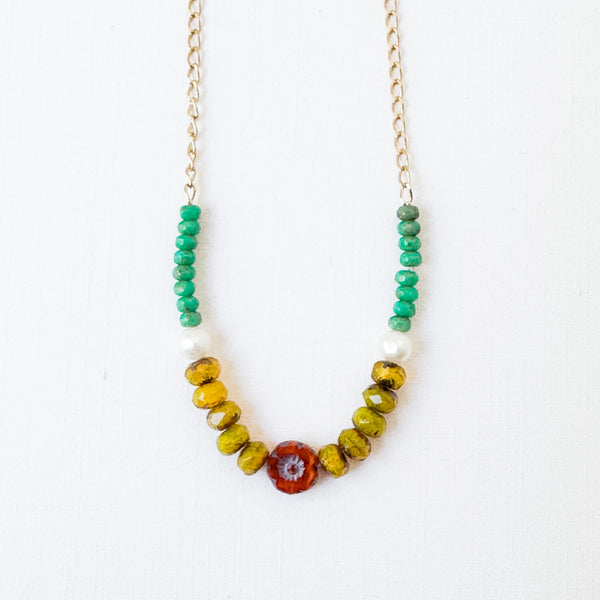 Dainty Flower Necklace with Pearls, Chartreuse & Turquoise