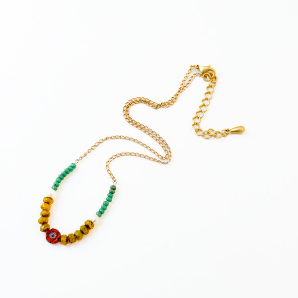 Dainty Flower Necklace with Pearls, Chartreuse & Turquoise
