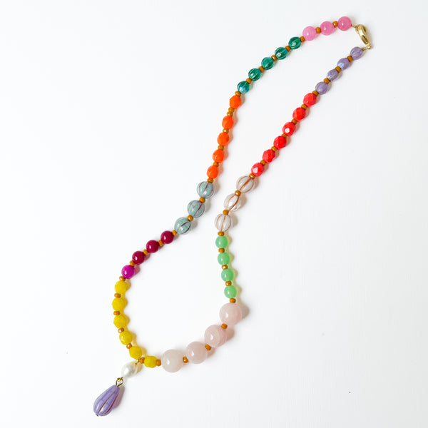 Pink Mixed-Size And Color Glass Bead Pendant Necklace