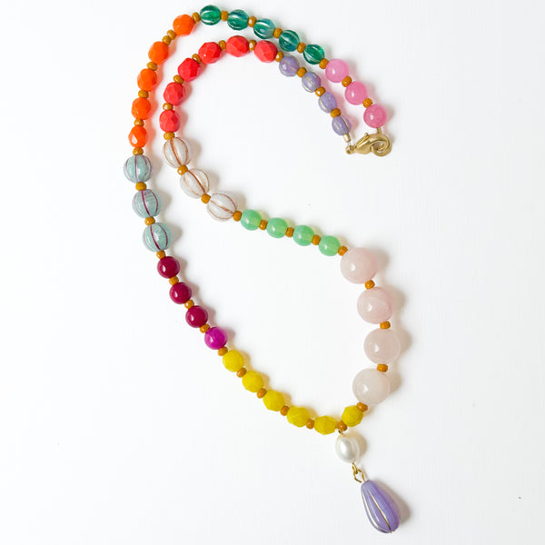 Pink Mixed-Size And Color Glass Bead Pendant Necklace