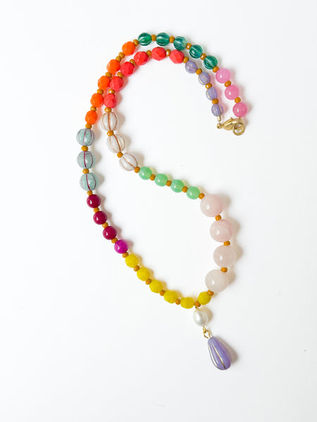 Pink Mixed-Size And Color Glass Bead Pendant Necklace