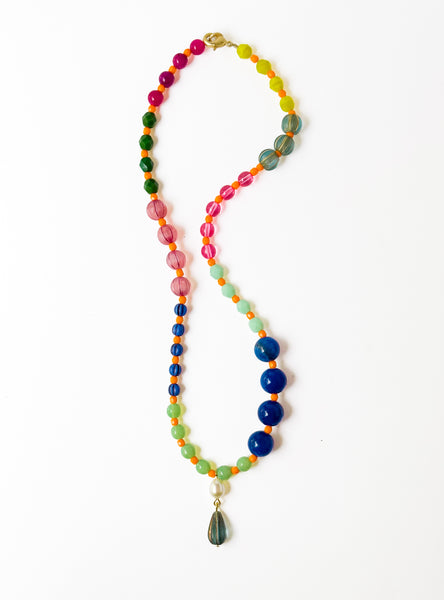 Blue Mixed-Size And Color Glass Bead Pendant Necklace