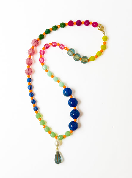 Blue Mixed-Size And Color Glass Bead Pendant Necklace