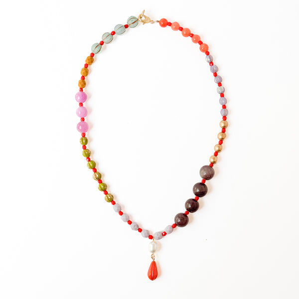 Mixed-Size And Color Glass Bead Pendant Necklace