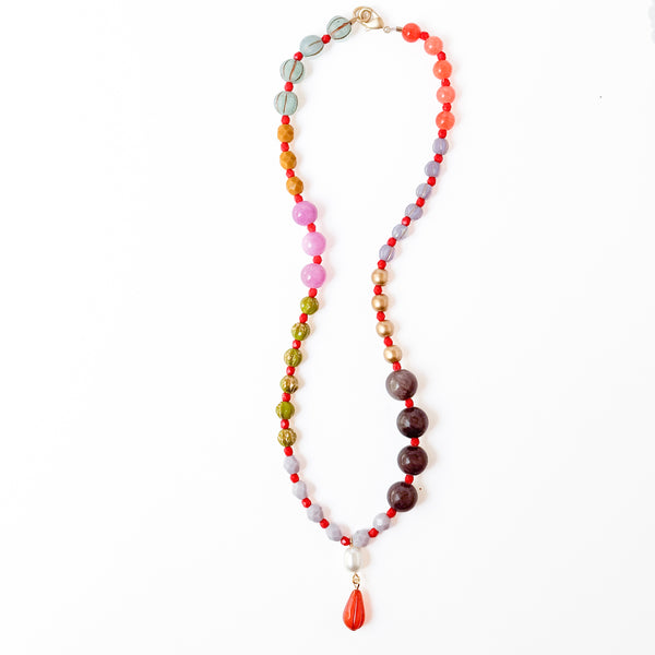 Dark Grey  Mixed-Size And Color Glass Bead Pendant Necklace