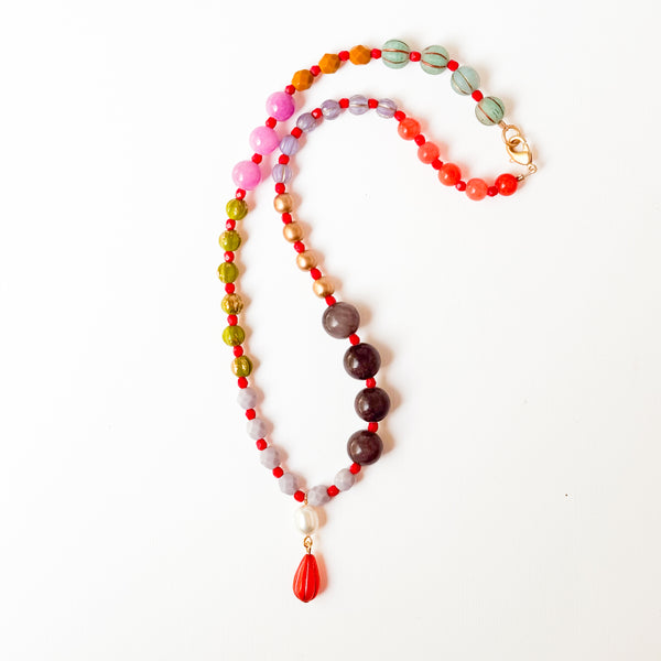 Dark Grey  Mixed-Size And Color Glass Bead Pendant Necklace