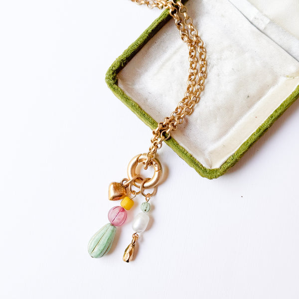 Long Gold Charm Mint Bead Necklace | Convertible Layering Necklace